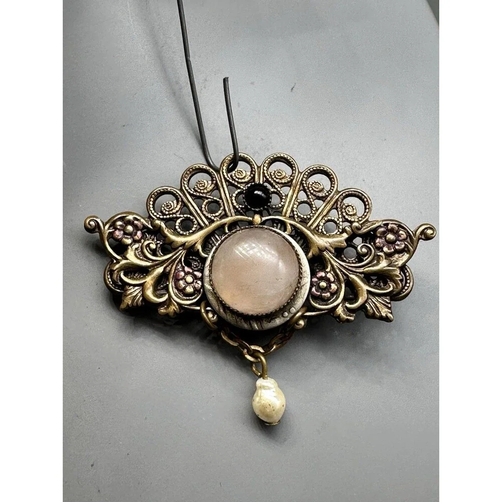Vintage Rose Quartz & Freshwater Pearl Art Nouveau Brooch Pin